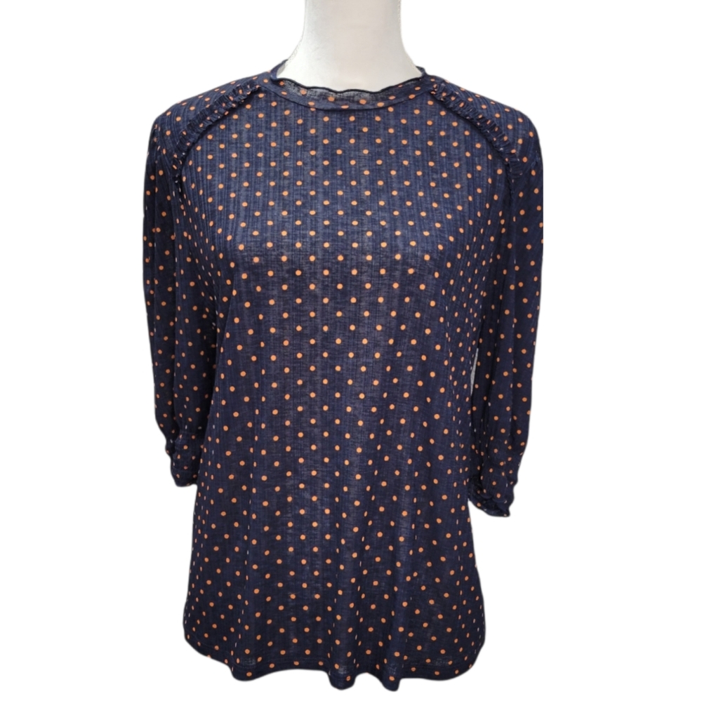 Zara Blue Polka Dot Smocked Semi Sheer Blouse Size Medium